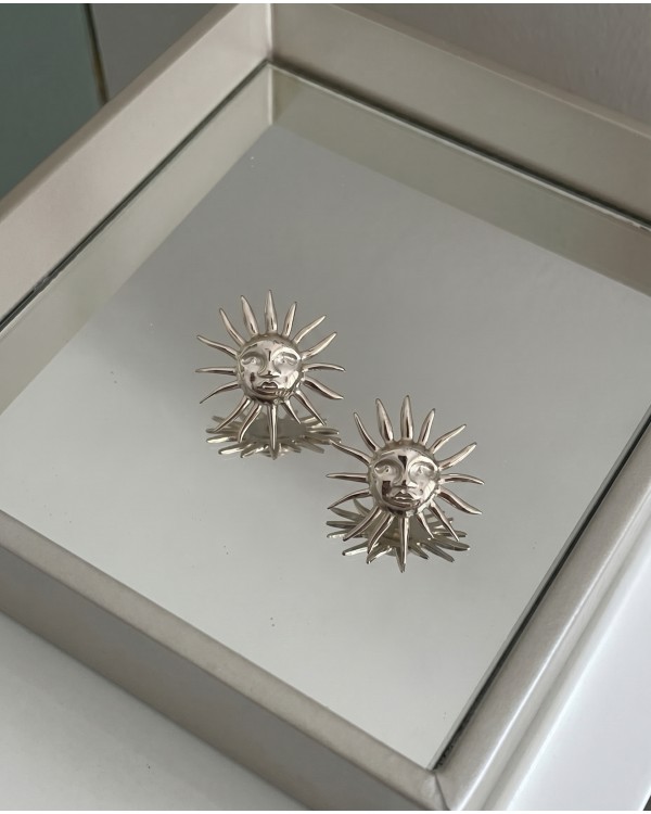Silver Sun Face Stud Earrings