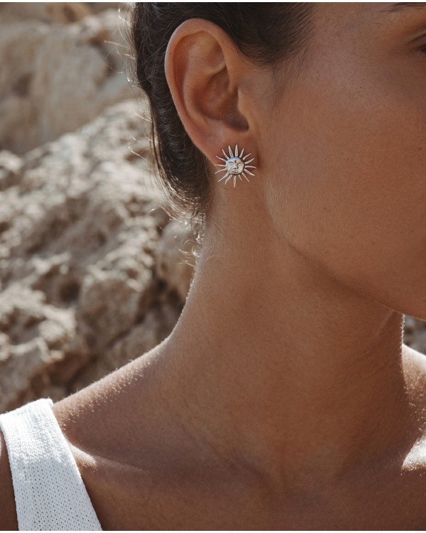 Silver Sun Face Stud Earrings