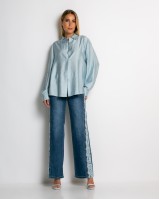 Jean wide leg με δαντέλα στο πλάι denim