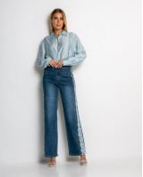 Jean wide leg με δαντέλα στο πλάι denim