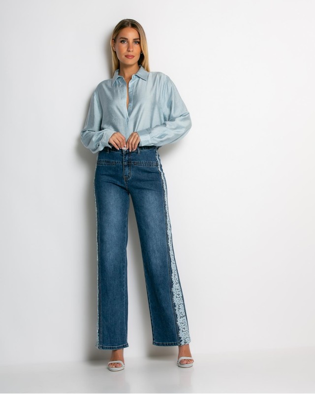 Jean wide leg με δαντέλα στο πλάι denim