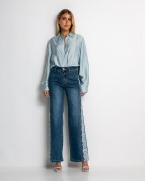 Jean wide leg με δαντέλα στο πλάι denim