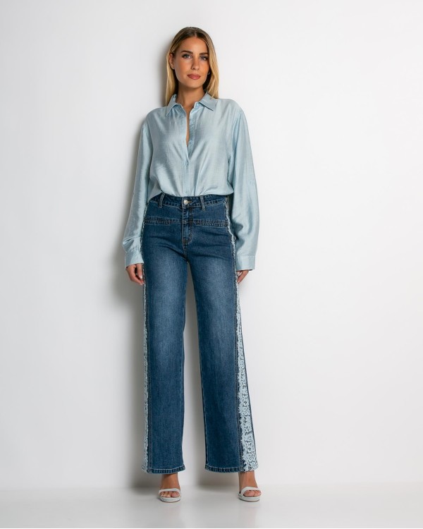 Jean wide leg με δαντέλα στο πλάι dirty denim
