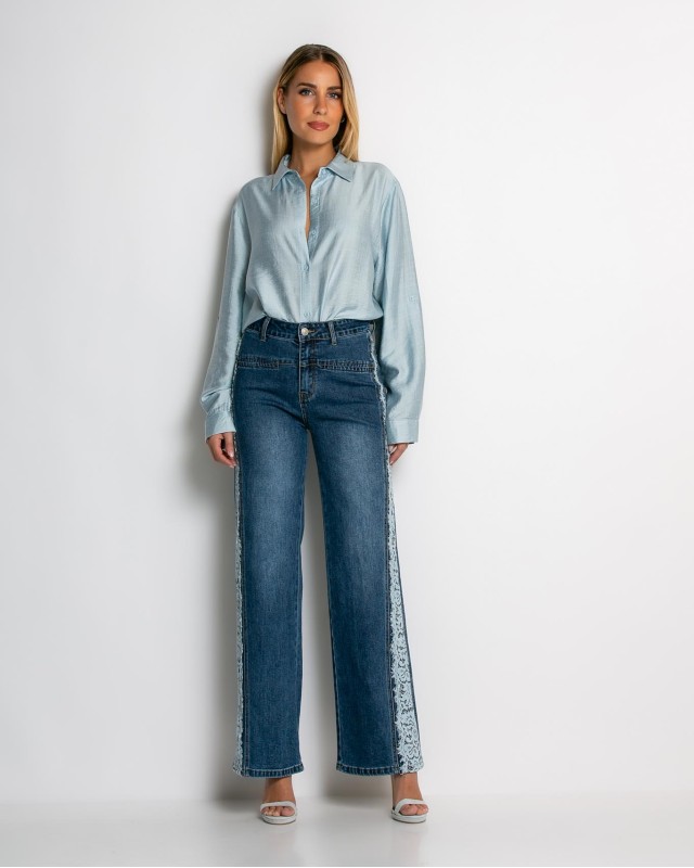 Jean wide leg με δαντέλα στο πλάι denim