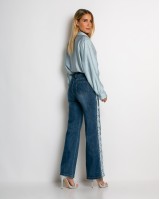 Jean wide leg με δαντέλα στο πλάι denim