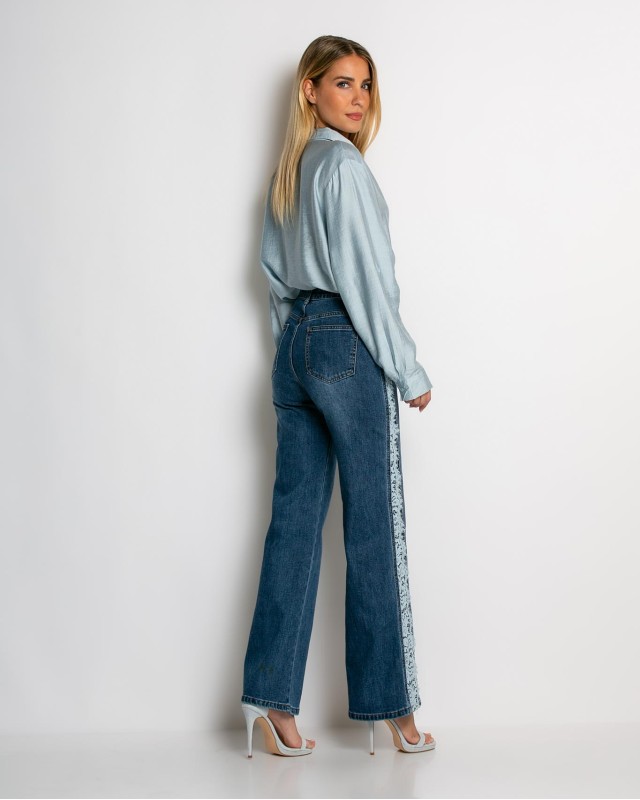 Jean wide leg με δαντέλα στο πλάι denim