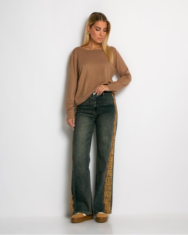 Jean wide leg με δαντέλα στο πλάι dirty denim