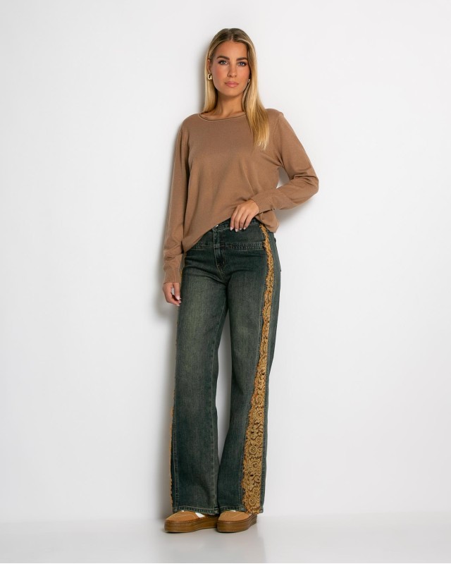 Jean wide leg με δαντέλα στο πλάι dirty denim