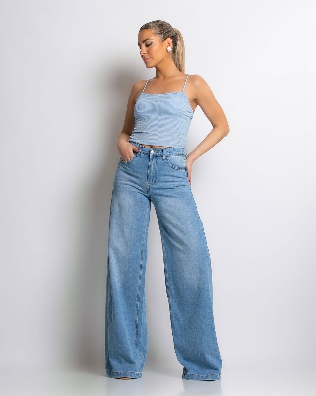 Παντελόνι jean wide leg ξεβαμμένο Denim Παντελόνι jean wide leg ξεβαμμένο Denim