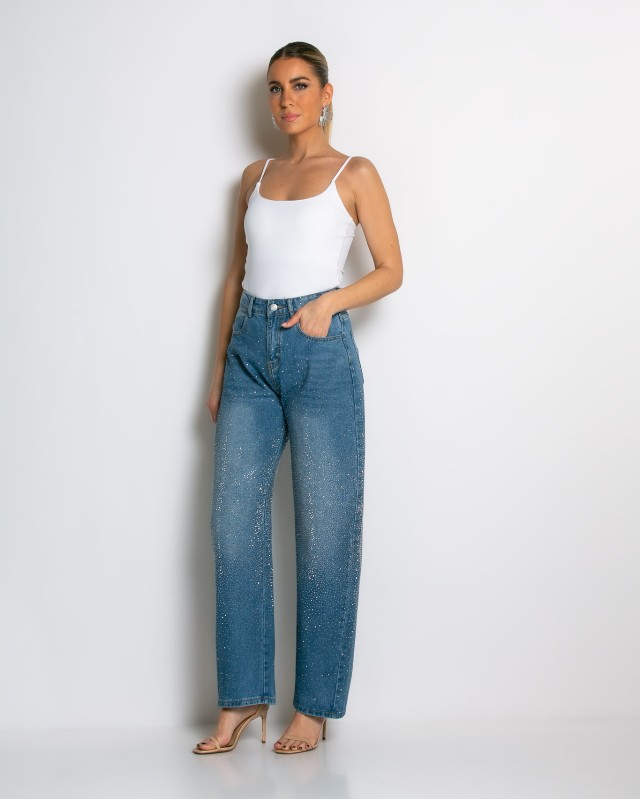 Jean baggy με στρας denim