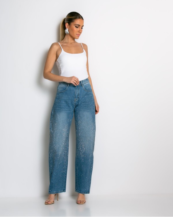 Jean baggy με στρας denim