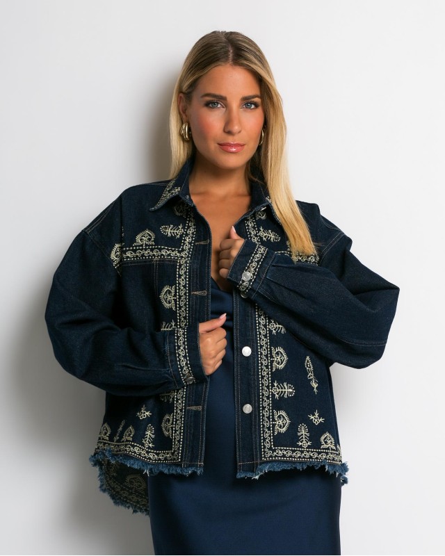 Jean crop jacket με κεντήματα navy