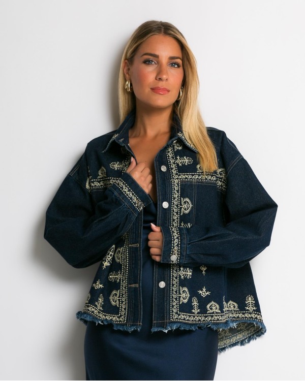 Jean crop jacket με κεντήματα denim