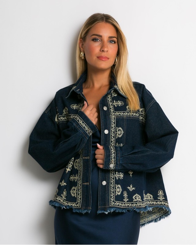 Jean crop jacket με κεντήματα navy