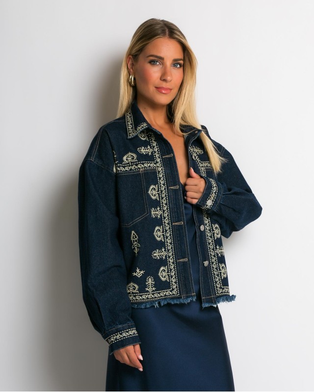 Jean crop jacket με κεντήματα navy
