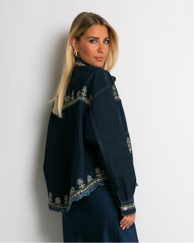 Jean crop jacket με κεντήματα navy
