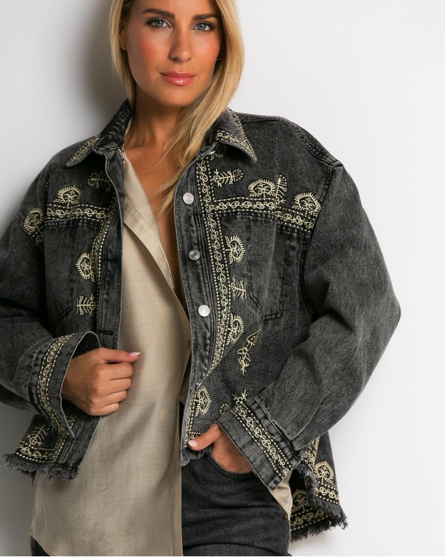 Jean crop jacket με κεντήματα aνθρακί