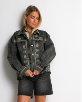 Jean crop jacket με κεντήματα aνθρακί