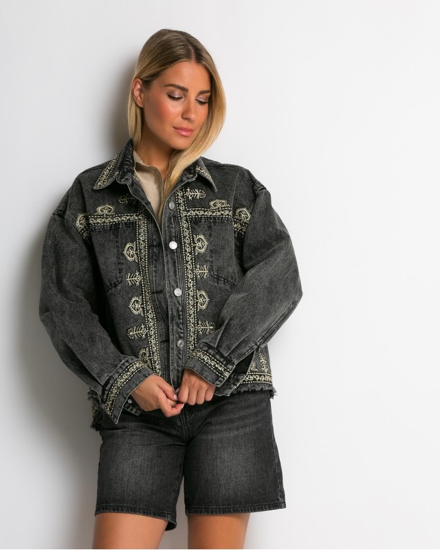 Jean crop jacket με κεντήματα aνθρακί