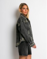 Jean crop jacket με κεντήματα aνθρακί
