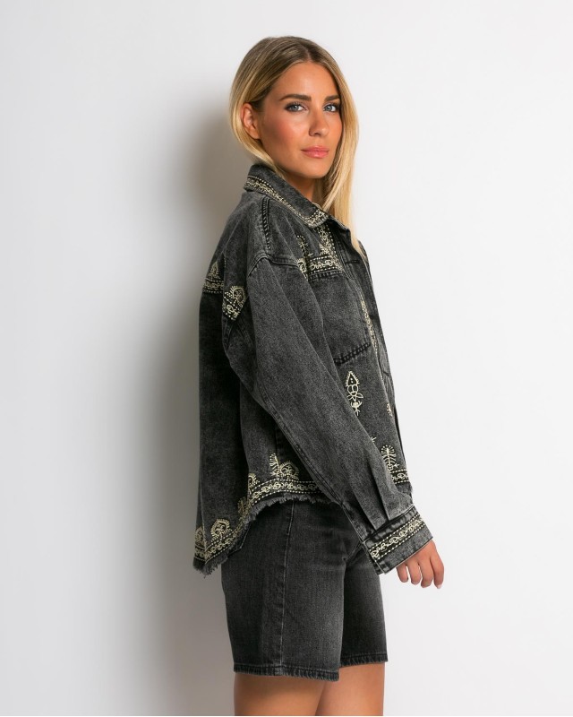 Jean crop jacket με κεντήματα aνθρακί