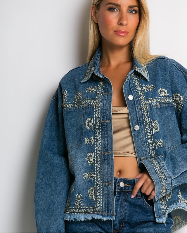Jean crop jacket με κεντήματα denim