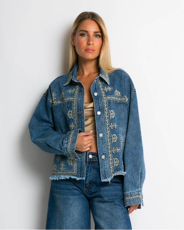 Jean crop jacket με κεντήματα denim