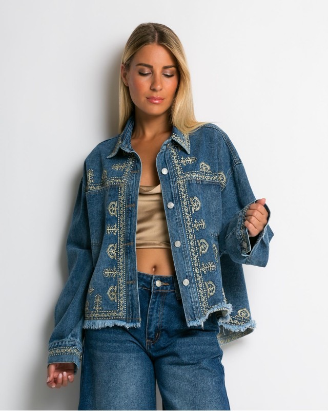 Jean crop jacket με κεντήματα denim