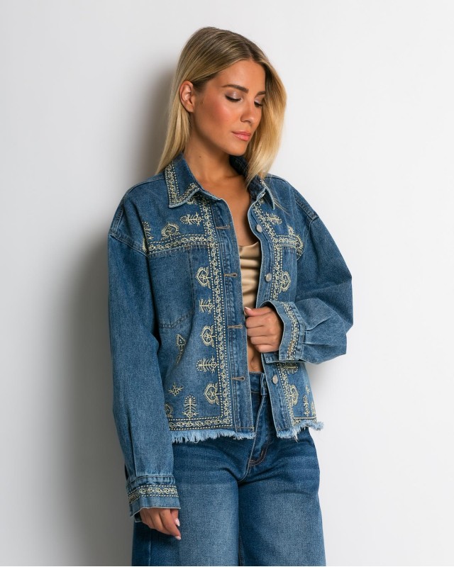 Jean crop jacket με κεντήματα denim