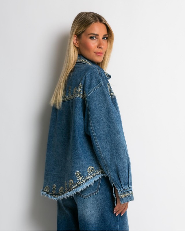 Jean crop jacket με κεντήματα denim