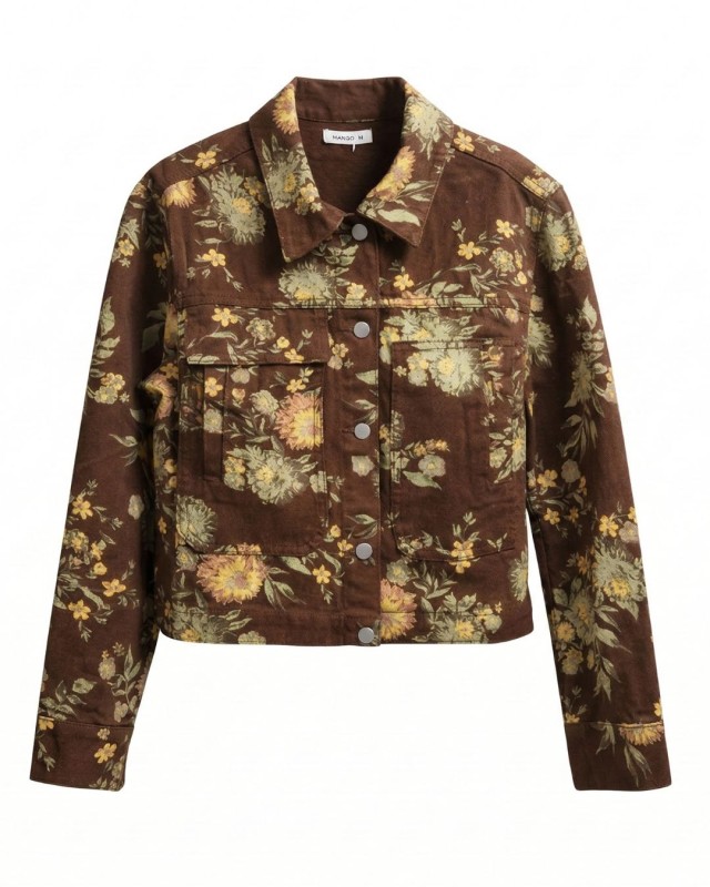 Jean  jacket με print λουλούδια καφέ