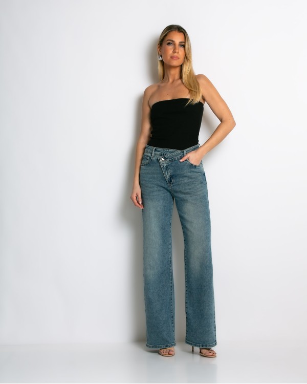Jean ψηλόμεσο με κούμπωμα στο πλάι denim