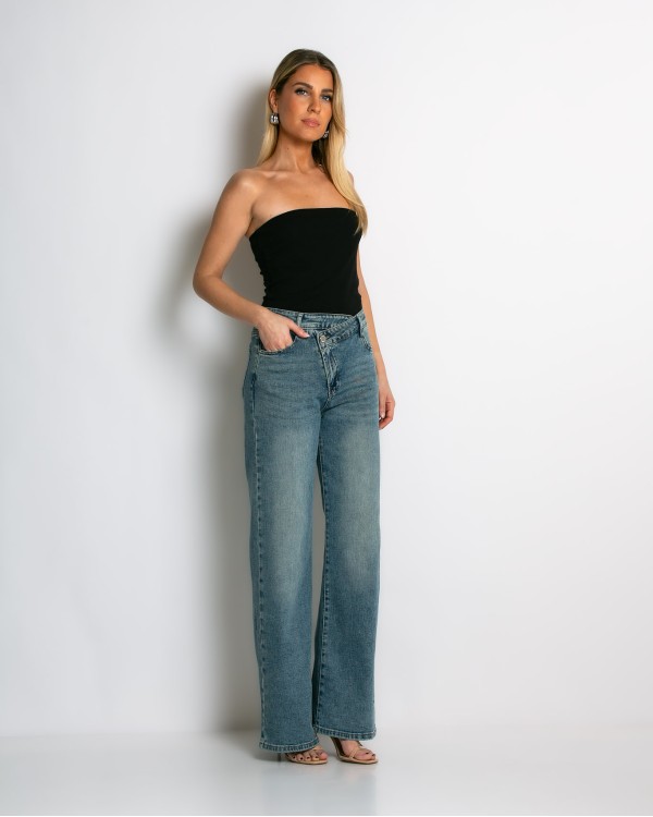 Jean ψηλόμεσο με κούμπωμα στο πλάι dirty denim