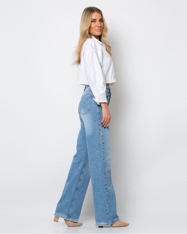 Jean wide leg denim με λεπτομέρεια στην μέση