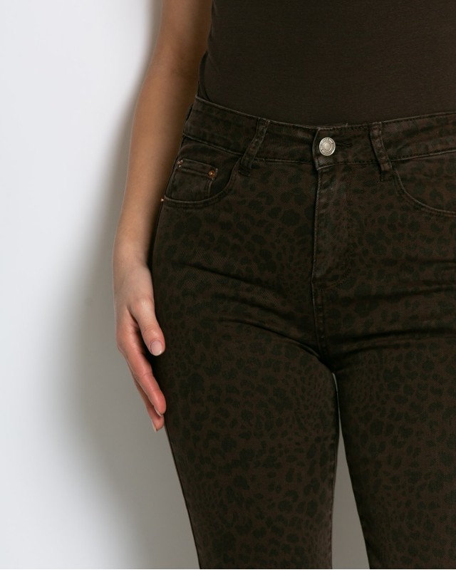 Jean καμπάνα με leopard print καφέ