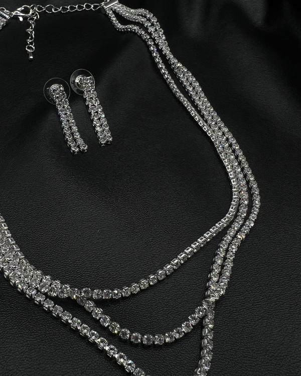 SET Silver Crystal Layered Necklace & Earrings