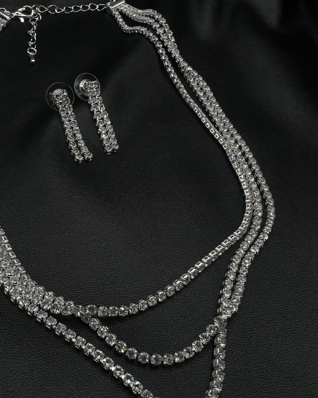 SET Silver Crystal Layered Necklace & Earrings