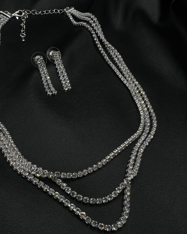 SET Silver Crystal Layered Necklace & Earrings