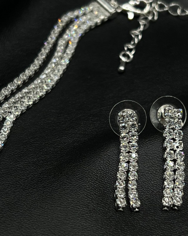 SET Silver Crystal Layered Necklace & Earrings