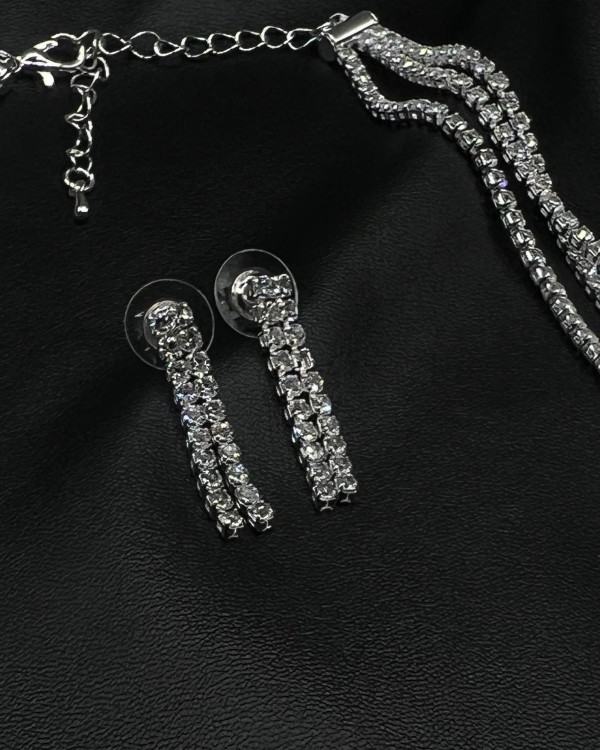 SET Silver Crystal Layered Necklace & Earrings