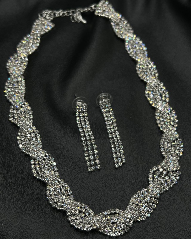 SET Silver Crystal Wave Necklace & Earrings