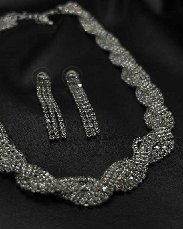 SET Silver Crystal Wave Necklace & Earrings