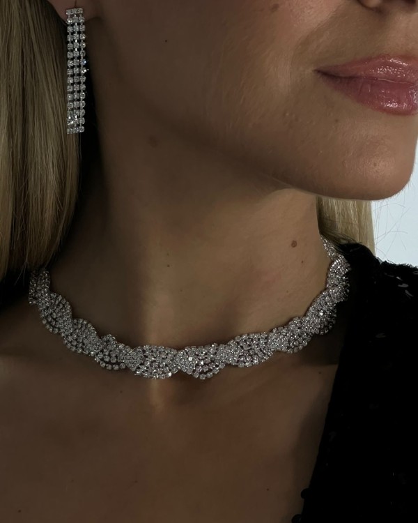 SET Silver Crystal Wave Necklace & Earrings
