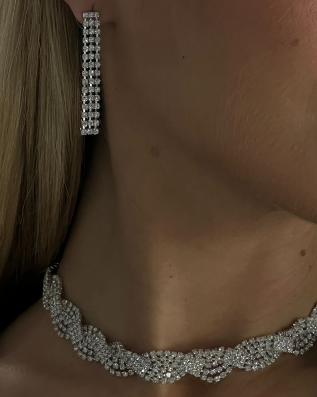 SET Silver Crystal Wave Necklace & Earrings