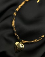 Gold Heart Leopard Fabric Necklace