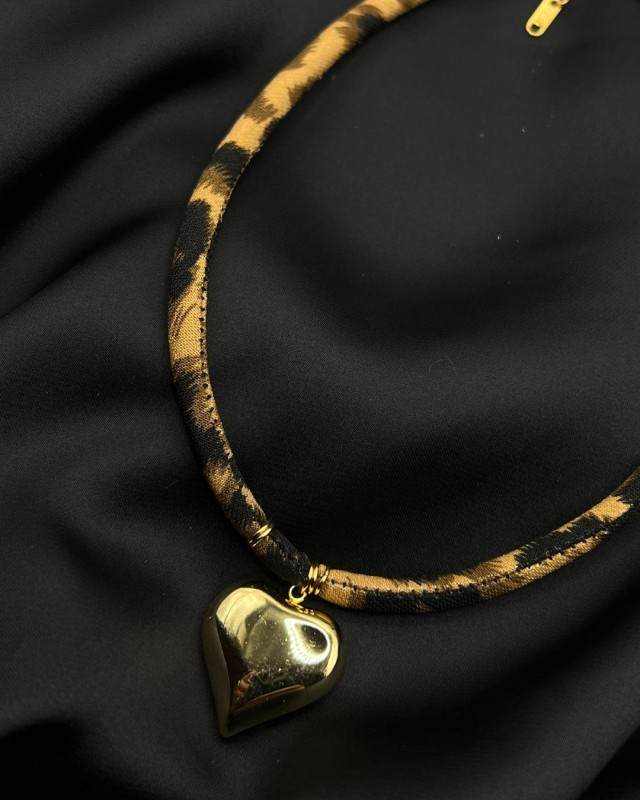 Gold Heart Leopard Fabric Necklace