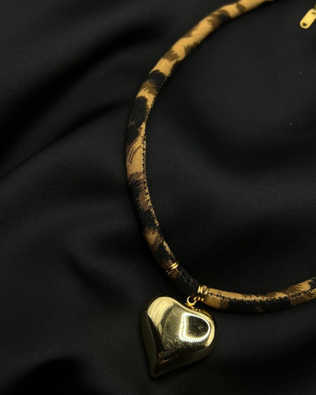 Gold Heart Leopard Fabric Necklace