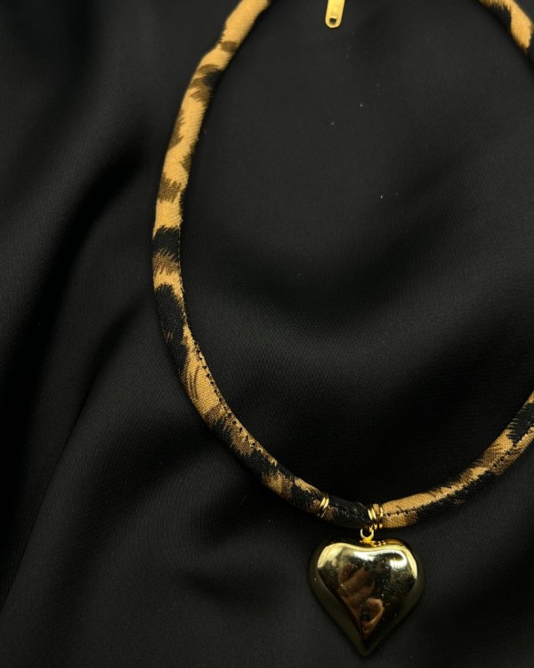 Gold Heart Leopard Fabric Necklace