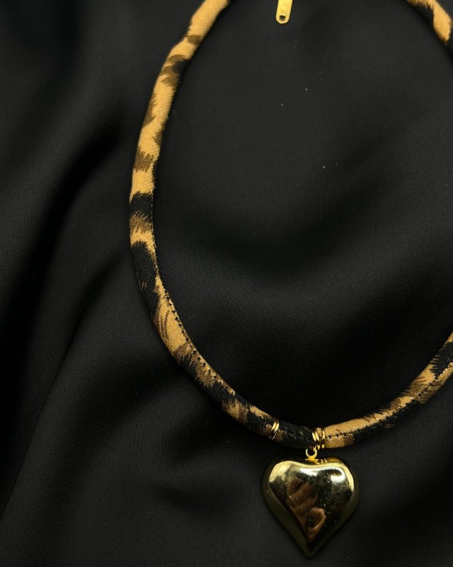 Gold Heart Leopard Fabric Necklace