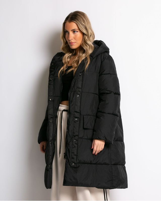 Μπουφάν μακρύ με κουκούλα και μπροστινές τσέπες μαύρο